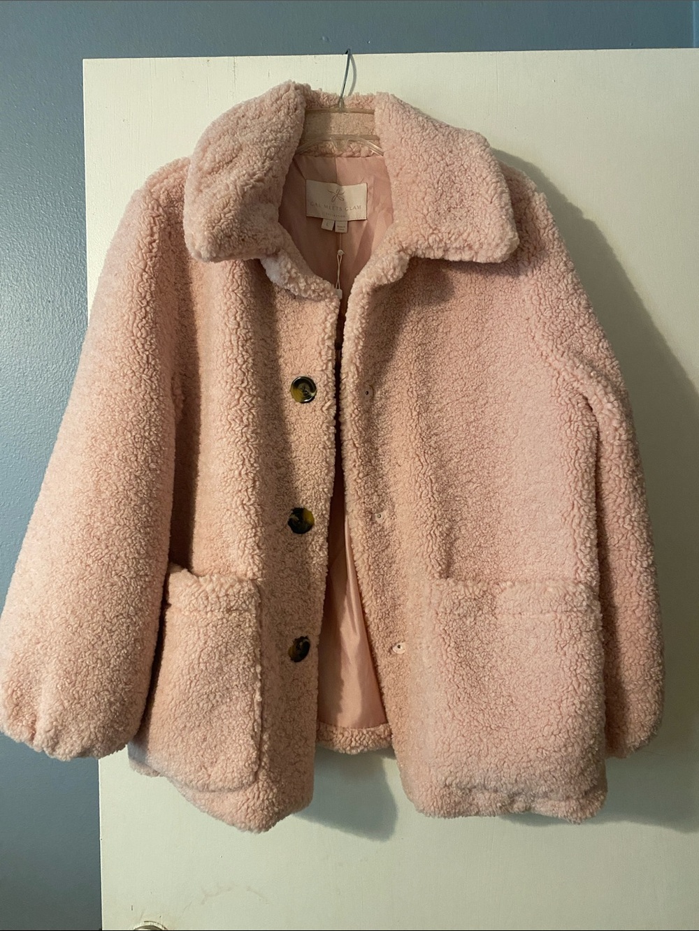 Gal Meets Glam Pale Pink Teddy Coat with Patch Pockets